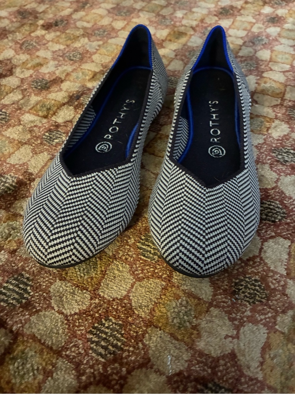 Rothy's Black & White Herringbone Flats with Blue Trim - Picture 2 of 3